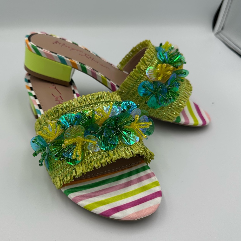 Betsey Johnson PEYTEN Beaded Butterfly Sandals 5.5M Striped Heels new in box